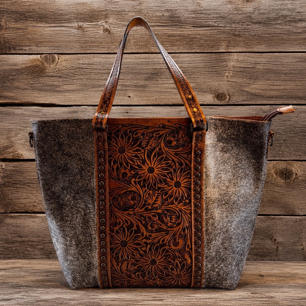 American Darling Brindle Studded Tote Women Large Brown Gray‎ Tooled Leather Bag